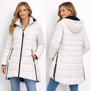 Karl Lagerfeld Paris NWT White Quilted Long Puffer Coat Hooded Zip Front Large